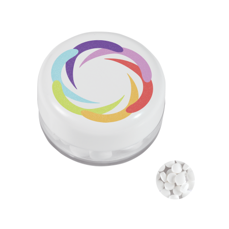 Runde Plastikdose mit farbigem Deckel gefüllt mit ca. 12 gr. Minties DIGITALDRUCK