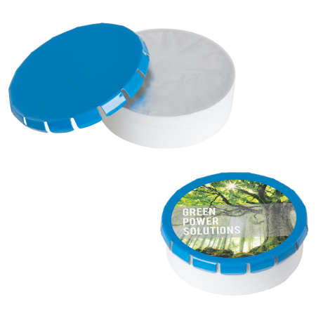 Super runde Click-Plastikdose 45 mm mit ca. 12 gr. minties zuckerfrei, DIGITALDRUCK