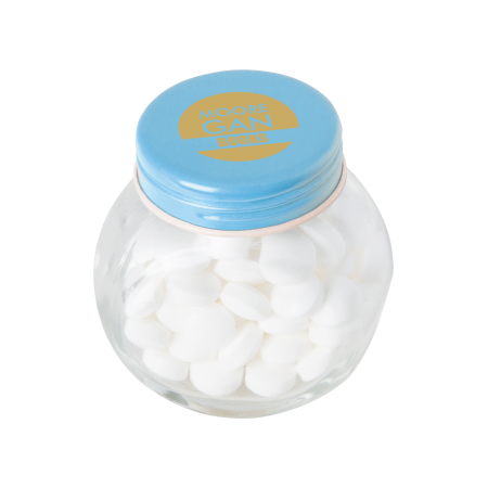 Bonbonglas mini gefüllt mit ca. 40 gr. Mints mit farbigem Deckel