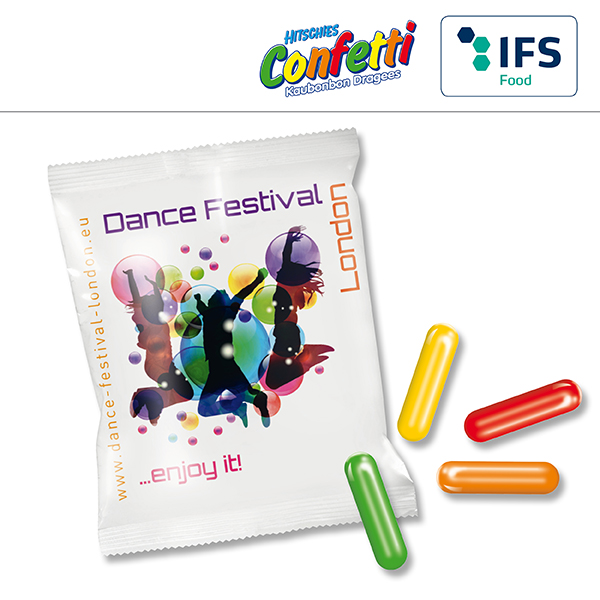 HITSCHIES Confetti Kaubonbons in kompostierbarem Werbetütchen