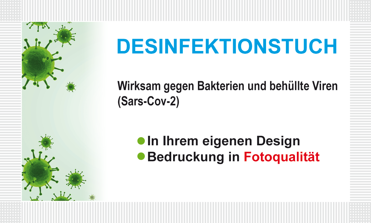 Viruzides Handdesinfektionstuch Tuchgröße 180x150mm, Sachet 100x60mm mit eigenem Logo