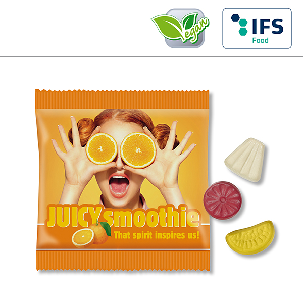 Vegane* Exotic-Früchtchen in kompostierbarem Werbetütchen