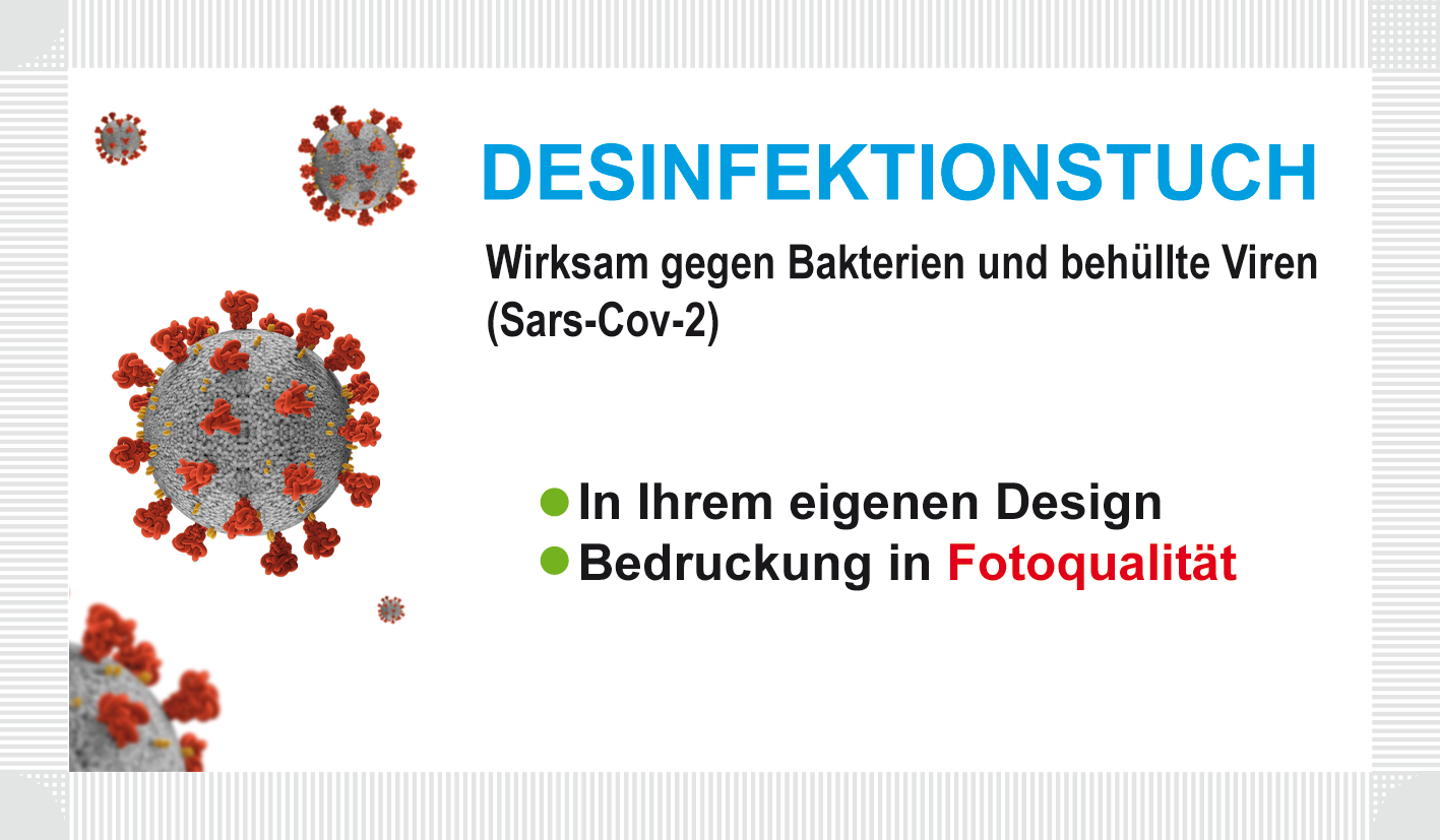 Viruzides Handdesinfektionstuch Tuchgröße 180x180mm, Sachet 115x70mm individuell bedrucken