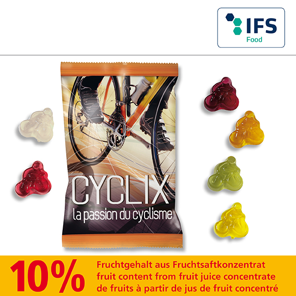 Fruchtgummi -Standardformen 15 g in kompostierbarem Werbetütchen