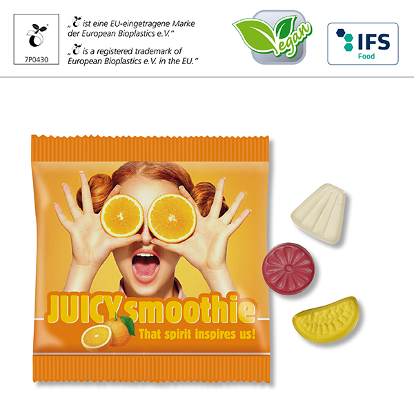 Vegane* Exotic-Früchtchen in kompostierbarem Werbetütchen