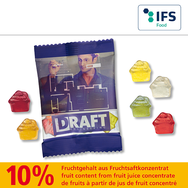 Fruchtgummi-Standardformen 10 g in kompostierbarem Werbetütchen