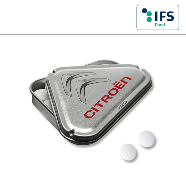 3-Eck-Drück-mich-Dose mit Pfefferminz-Gold- oder Silbernuggets