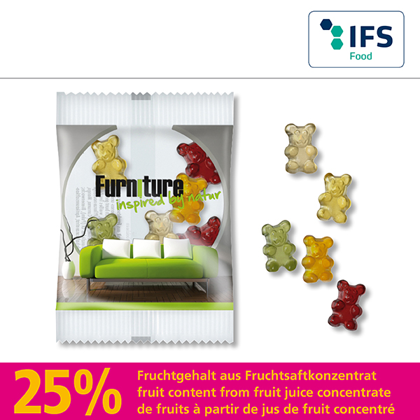 Fruchtsaft-Bärchen in kompostierbarem Werbetütchen