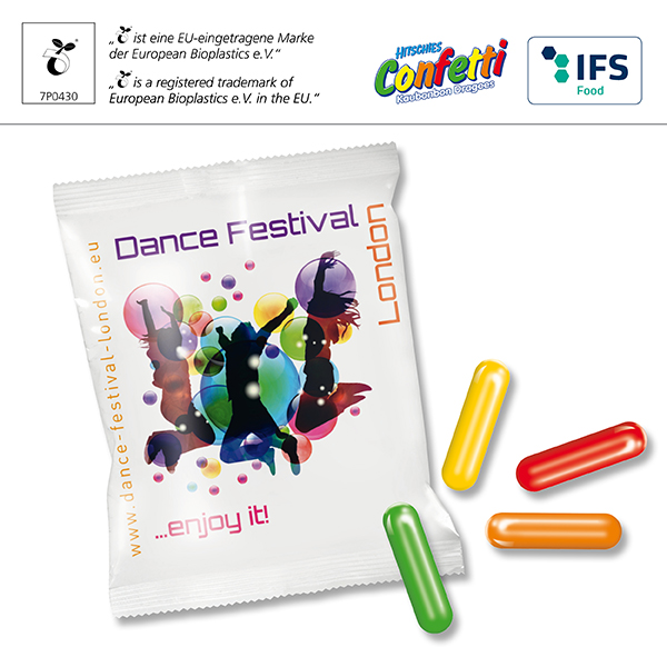 HITSCHIES Confetti Kaubonbons in kompostierbarem Werbetütchen