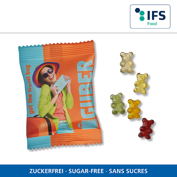 Zuckerfreie Bärchen in kompostierbarem Werbetütchen