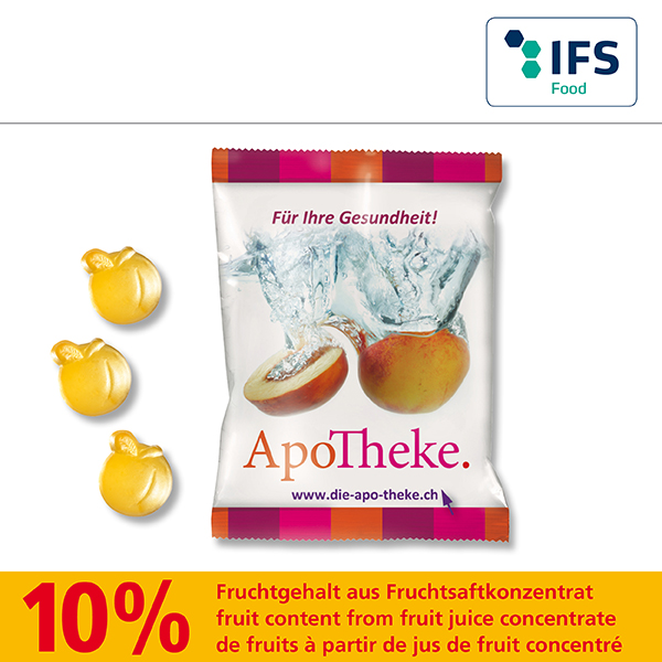 Fruchtgummi-Pfirsich mit Vitaminen in kompostierbarem Werbetütchen