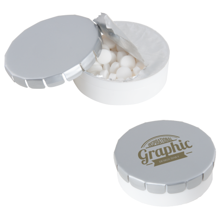 Super runde Click-Plastikdose 45 mm mit ca. 12 gr. minties zuckerfrei, TAMPONDRUCK