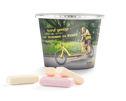 Werbe-Becher mit Banderole, Brausestäbchen