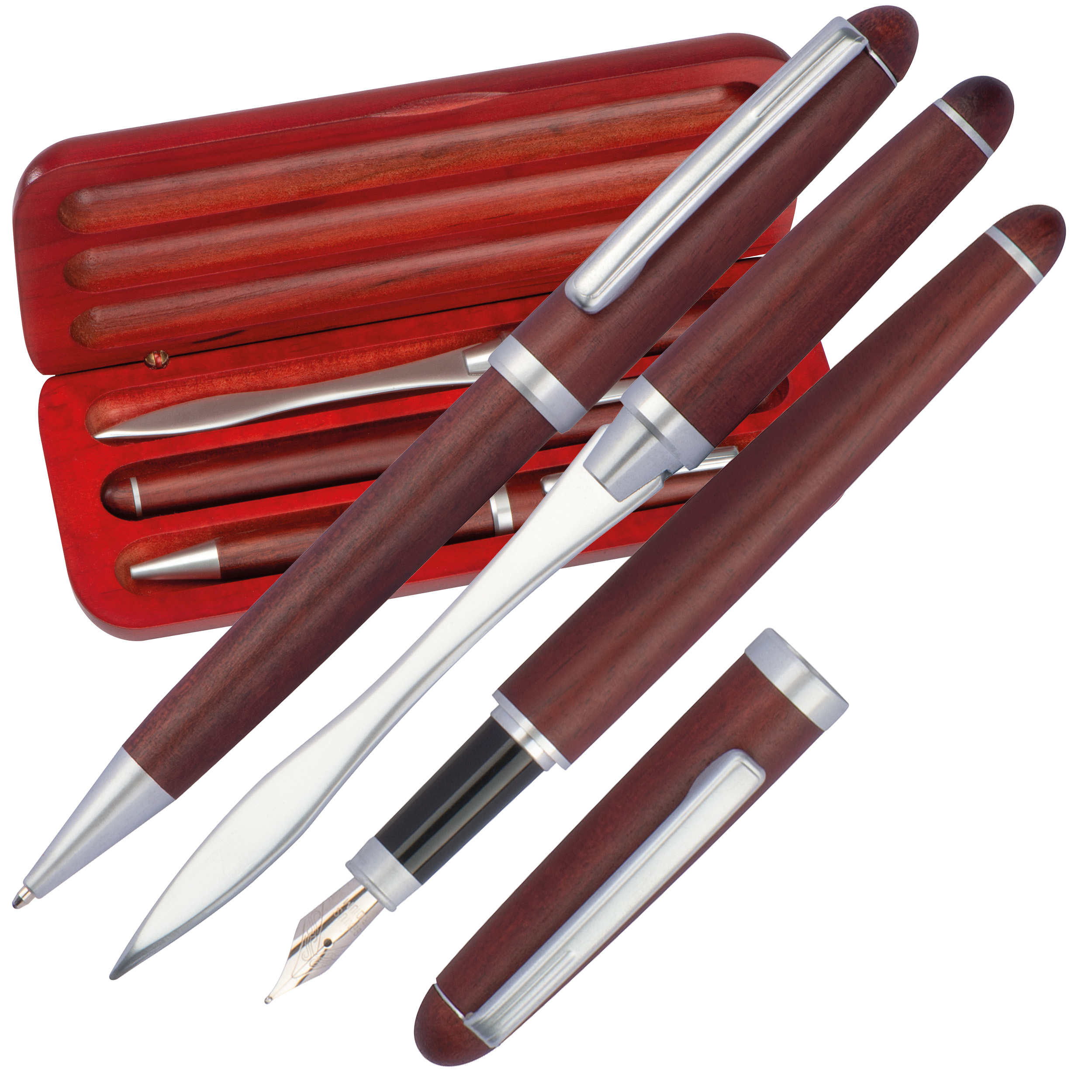 3-teiliges Holzschreibset mit Kugelschreiber, Füllfederhalter und Brieföffner